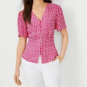 🔹️Ann Taylor Pink Gingham Button Front Flutter Sleeve Top Size 8